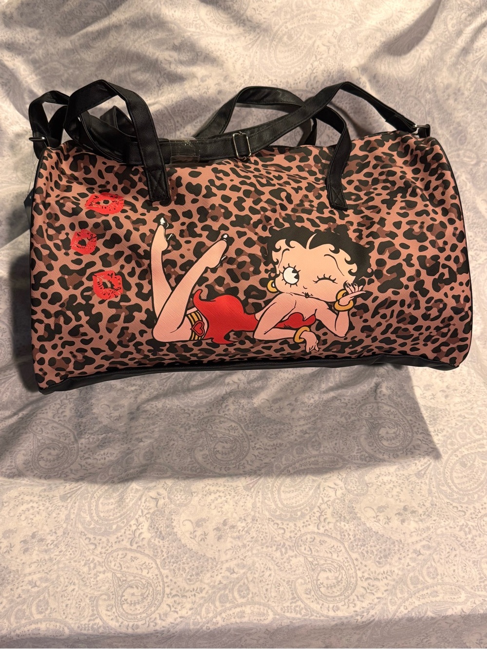 Betty Boop Leopard Print Faux Leather Medium Duffle Bag Zip Closure